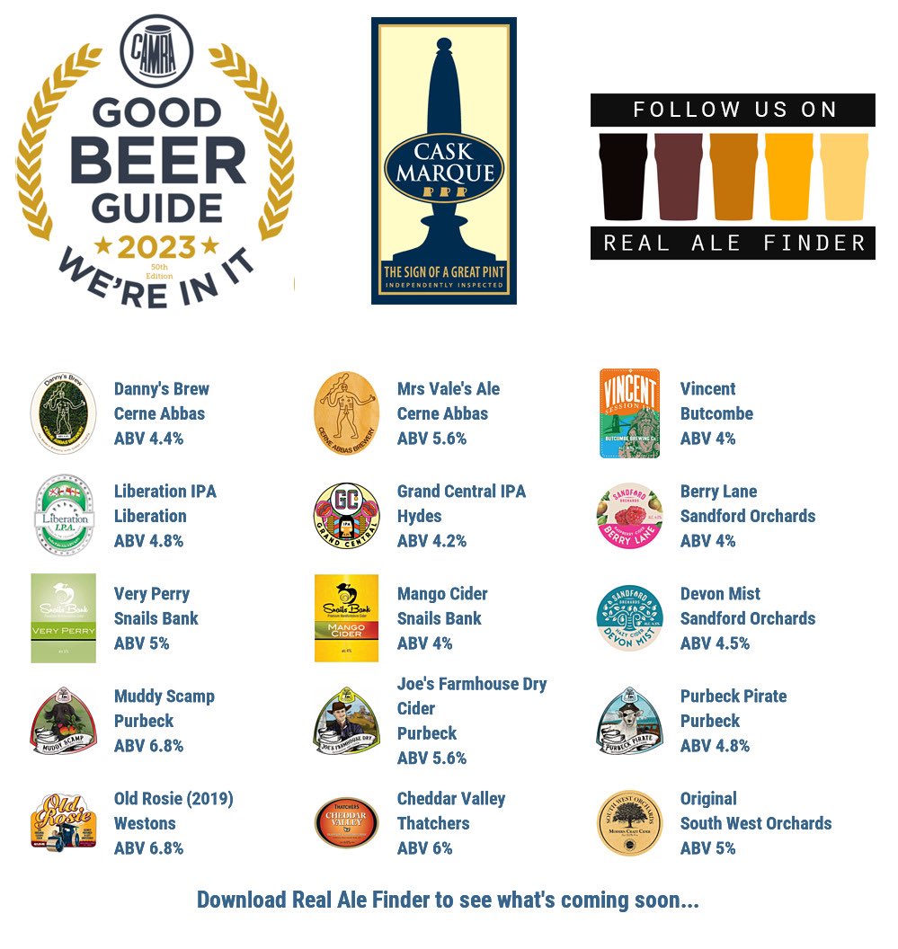 The Belvedere (@thebelvedere2) on Twitter photo On the bar today!
Beer Board: bit.ly/2ANIsjr
#goodbeerguide <a href="/CAMRA_Official/">CAMRA</a> <a href="/caskmarque/">Cask Marque</a> <a href="/CerneBrewery/">Cerne Abbas Brewery</a> <a href="/ButcombeBrewery/">Butcombe Brewing Co.</a> <a href="/LibBrewery/">Liberation Brewery</a> <a href="/HydesBrewery/">Hydes Brewery</a> <a href="/sandfordorchard/">Sandford Orchards</a> <a href="/Snailsbankcider/">Snailsbank Cider</a> <a href="/PurbeckBrewery/">Purbeck Brewery</a> @WestonsCiderMil <a href="/thatchers_cider/">Thatchers</a> <a href="/sworchards/">South West Orchards</a>
#RealAleFinder On the bar today!
Beer Board: bit.ly/2ANIsjr
#goodbeerguide <a href="/CAMRA_Official/">CAMRA</a> <a href="/caskmarque/">Cask Marque</a> <a href="/CerneBrewery/">Cerne Abbas Brewery</a> <a href="/ButcombeBrewery/">Butcombe Brewing Co.</a> <a href="/LibBrewery/">Liberation Brewery</a> <a href="/HydesBrewery/">Hydes Brewery</a> <a href="/sandfordorchard/">Sandford Orchards</a> <a href="/Snailsbankcider/">Snailsbank Cider</a> <a href="/PurbeckBrewery/">Purbeck Brewery</a> @WestonsCiderMil <a href="/thatchers_cider/">Thatchers</a> <a href="/sworchards/">South West Orchards</a>
#RealAleFinder