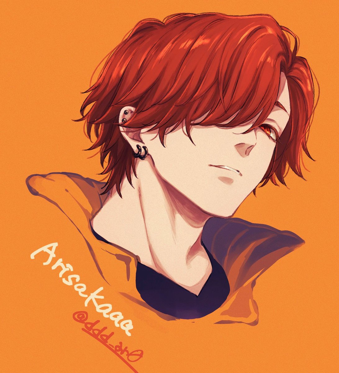 1boy male focus orange background red hair solo hair over one eye piercing  illustration images