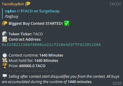 SpaceTaco_OG's tweet photo. 🎰 GAME MODES:
➡️ Type /bigbuy to start a biggest accumulated buyers contest
➡️ Type /lastbuy to start a last buyer contest
➡️ Type /raffle to start a raffle buy contest
---
#BNB #Crypto #TACO #SpaceTaco #SRG20 $SRG #DeFi #Binance https://t.co/YC2rF9DtIu