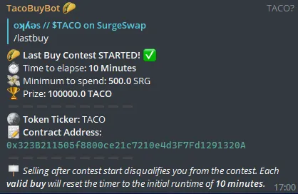 SpaceTaco_OG's tweet photo. 🎰 GAME MODES:
➡️ Type /bigbuy to start a biggest accumulated buyers contest
➡️ Type /lastbuy to start a last buyer contest
➡️ Type /raffle to start a raffle buy contest
---
#BNB #Crypto #TACO #SpaceTaco #SRG20 $SRG #DeFi #Binance https://t.co/YC2rF9DtIu