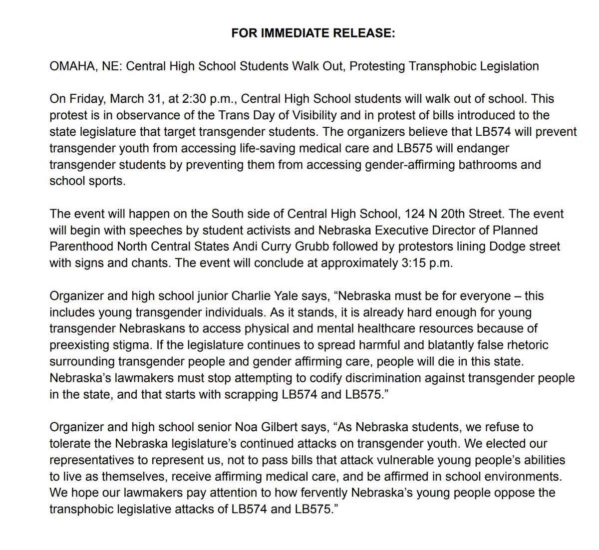 LaurenWReports's tweet photo. Central High students are walking out to protest LB574 &amp; LB575, #neleg bills targeting trans youth. NE’s Planned Parenthood rep will be there.

“We refuse to tolerate the NE legislature’s continued attacks on transgender youth.”

Deleted prev tweet b/c of student contact info. https://t.co/GnYZrv2ZjO