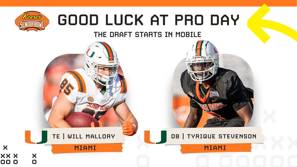 Reese's Senior Bowl (@seniorbowl) on Twitter photo ๐Good Luck at #ProDay to Senior Bowl and <a href="/CanesFootball/">Miami Hurricanes Football</a> alums <a href="/WillMallory_25/">Will Mallory</a> and <a href="/dreamchaserTy10/">Tyrique Stevenson</a> #ItsAllAboutTheU ๐ #BestOfTheBest #TheDraftStartsInMOBILEโข๏ธ ๐Good Luck at #ProDay to Senior Bowl and <a href="/CanesFootball/">Miami Hurricanes Football</a> alums <a href="/WillMallory_25/">Will Mallory</a> and <a href="/dreamchaserTy10/">Tyrique Stevenson</a> #ItsAllAboutTheU ๐ #BestOfTheBest #TheDraftStartsInMOBILEโข๏ธ