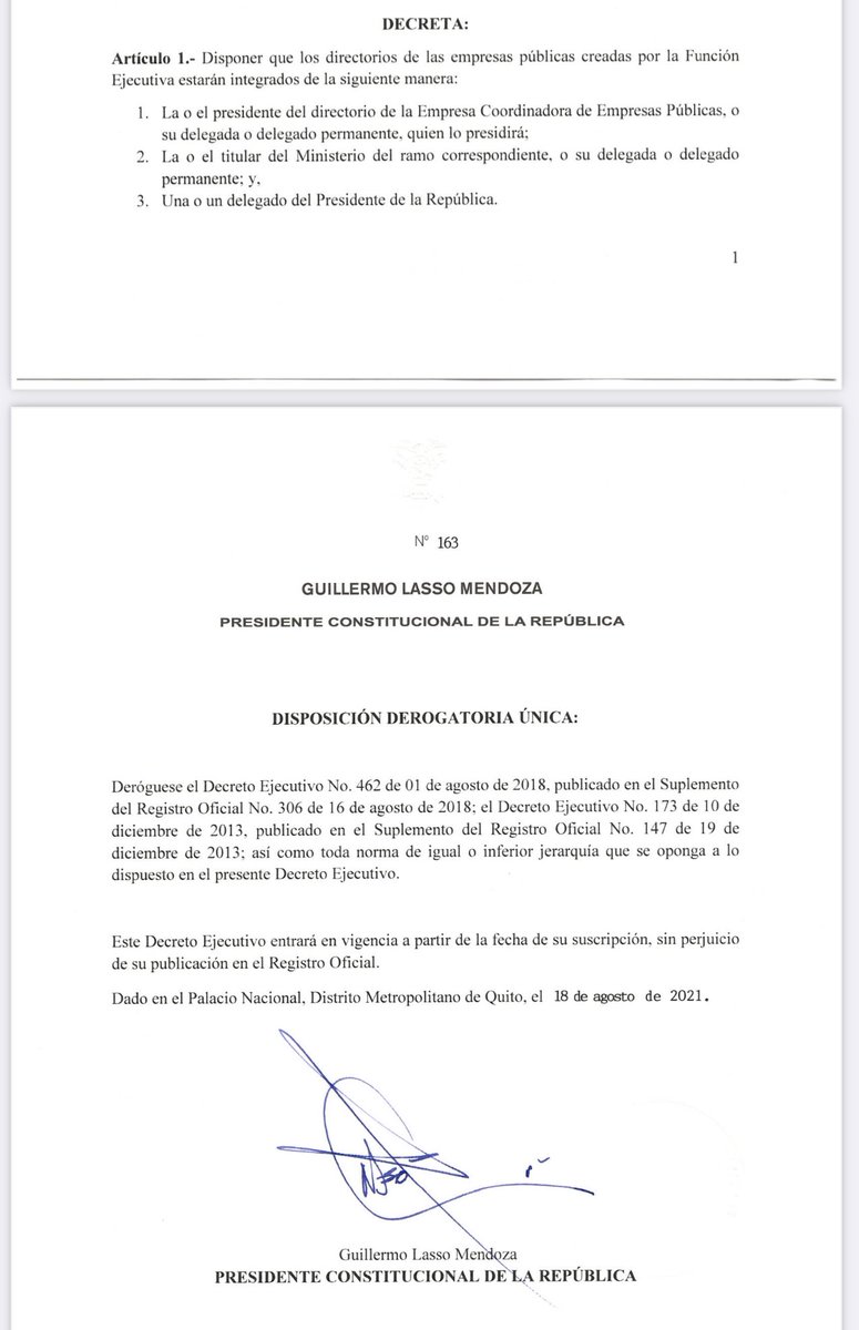 santidavid's tweet photo. Antes del Decreto 163 (18 agosto 2021), los directorios de las empresas públicas fueron presididos por los ministros rectores respectivos.
Ahora el gobierno intenta culpar este diseño institucional (concentrar todas las presidencias de directorios de todas las EP en @EMCOEP) en una reforma de la ley de empresas públicas de 2017, PERO
Basta ver las actas de las sesiones de los directorios entre 2017 y 2021: todas fueron presididas por el ministro rector.
El ÚNICO que concentró de TODAS las presidencias de los directorios fue Hernán #LuqueLecaro: antes de él EMCO no presidía los directorios.
El decreto 462 de Lenin abordó el tema de la contradicción entre los artículos 7 y 8 de la ley de empresas públicas.
La conducta criminogénica fue suscribir el decreto 163, que se emitió ex profeso para LuqueLecaro, quien fue nombrado 12 julio 2021: apenas un mes 6 días antes del decreto 163.
Le asignaron TODAS las presidencias de todos los directorios ex profeso.
(Las actas están en las páginas LOTAIP de c/empresa pública)
