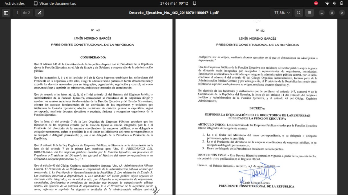 santidavid's tweet photo. Antes del Decreto 163 (18 agosto 2021), los directorios de las empresas públicas fueron presididos por los ministros rectores respectivos.
Ahora el gobierno intenta culpar este diseño institucional (concentrar todas las presidencias de directorios de todas las EP en @EMCOEP) en una reforma de la ley de empresas públicas de 2017, PERO
Basta ver las actas de las sesiones de los directorios entre 2017 y 2021: todas fueron presididas por el ministro rector.
El ÚNICO que concentró de TODAS las presidencias de los directorios fue Hernán #LuqueLecaro: antes de él EMCO no presidía los directorios.
El decreto 462 de Lenin abordó el tema de la contradicción entre los artículos 7 y 8 de la ley de empresas públicas.
La conducta criminogénica fue suscribir el decreto 163, que se emitió ex profeso para LuqueLecaro, quien fue nombrado 12 julio 2021: apenas un mes 6 días antes del decreto 163.
Le asignaron TODAS las presidencias de todos los directorios ex profeso.
(Las actas están en las páginas LOTAIP de c/empresa pública)