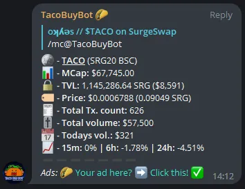 SpaceTaco_OG's tweet photo. 🌮 A thread about #SpaceTaco Token:
It has been a little over 2 months since we launched $TACO on #BNBChain using a #SRG20 contract and we’re constantly building useful tools for the TACO and SRG community!
---
#BNB #Crypto #TACO #SpaceTaco #SRG20 $SRG #DeFi #Binance https://t.co/0cHL5We4ZL