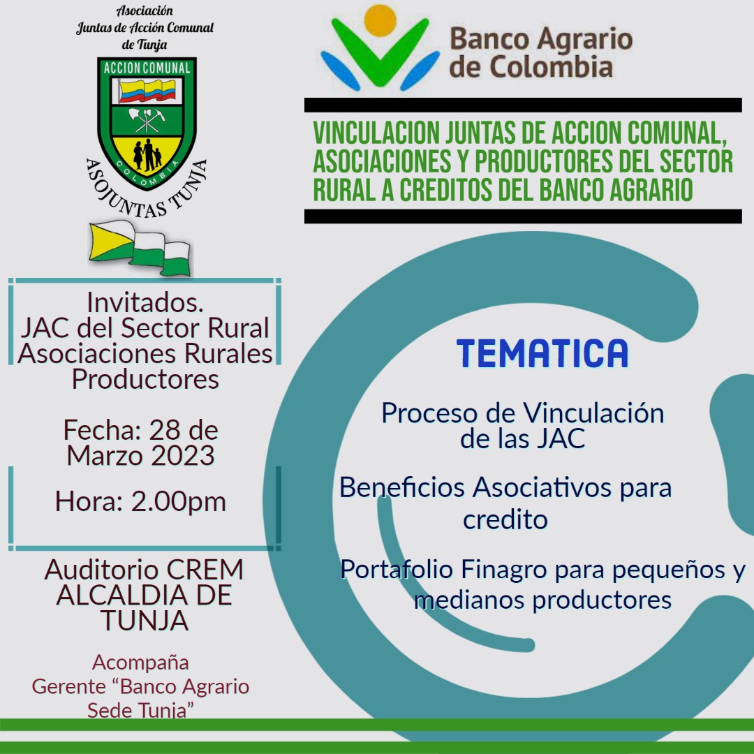Acompañanos en la capacitacion de Vinculacion de Juntas de Accion Comunal, asociaciones y productores del sector Rural a creditos del Banco Agrario.
🖋️Proceso de Vinculacion de las Juntas de Accion comunal del sector Rural.
🖋️Beneficio Asociaciones Rurales a creditos.