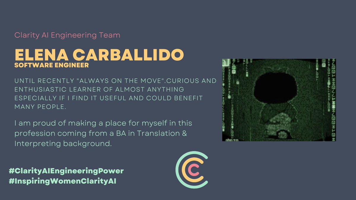 ClarityAIEng's tweet photo. Elena is part of the team responsable of the Developer Experience and her contribution has been gold.🤩 #ClarityAIEngineeringPower #InspiringWomenClarityAI https://t.co/AbWHmM9wF8