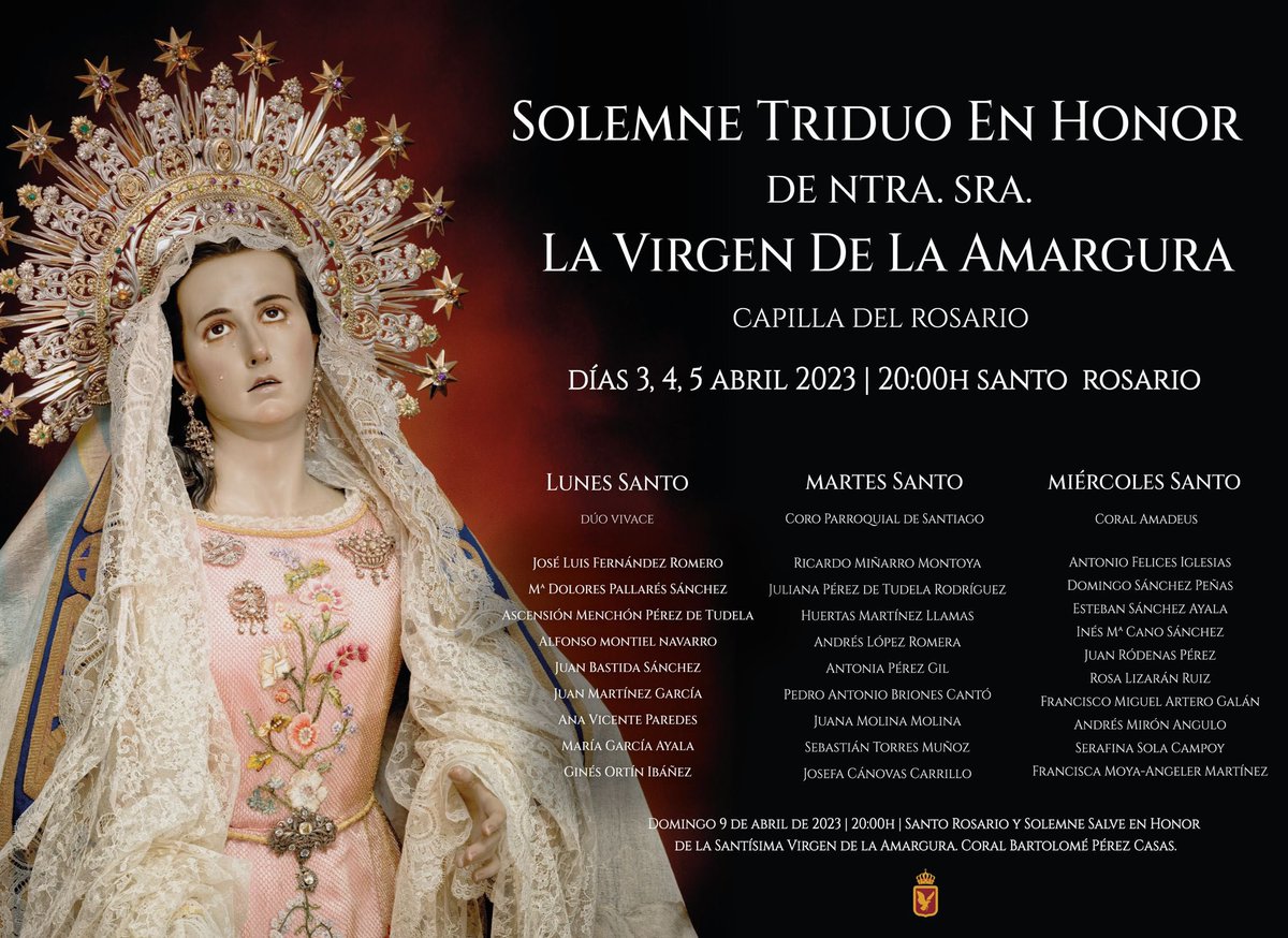 Como todos los años, el Paso Blanco ha organizado el Solemne Triduo en honor a Nuestra Señora la Virgen de la Amargura. Las fechas serán 3, 4 y 5 de abril en la Capilla del Rosario y dará comienzo a las 20:00 horas con el rezo del Rosario.