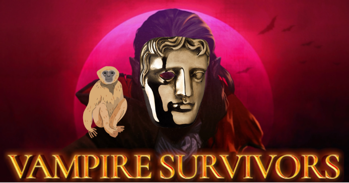 Vampire Survivors key art with a BAFTA mask covering the Vampires face and a Gibbon chilling out on his shoulder.