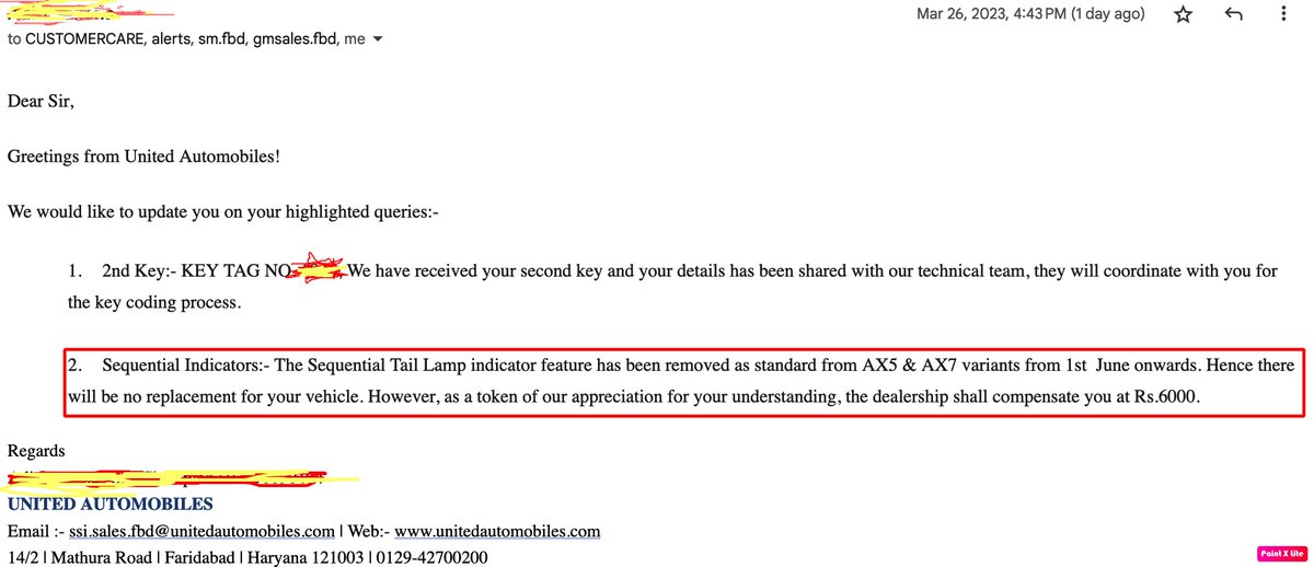 I sent a mail to #UnitedMahindra #UnitedautomobileFaridabadh and got enclosed response. As per them, they will not be providing the sequential turn indicators which they promised at the time of delivery. <a href="/MahindraRise/">Mahindra Group</a> <a href="/18002096006/">Mahindra For You</a> @MahindraXUV700 seeking your support to fix this.