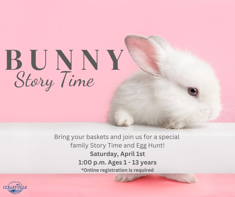 ColleyLibrary's tweet image. Ready, Set, Hunt!
Hop over to the Colleyville Public Library for our annual Bunny Story Time and Egg Hunt, 1:00 PM, Saturday, April 1st.  Kids receive a bag with a take-home craft and treats. Registration required. #HopHopHop; #BunnyStoryTime; #ColleyvilleLib