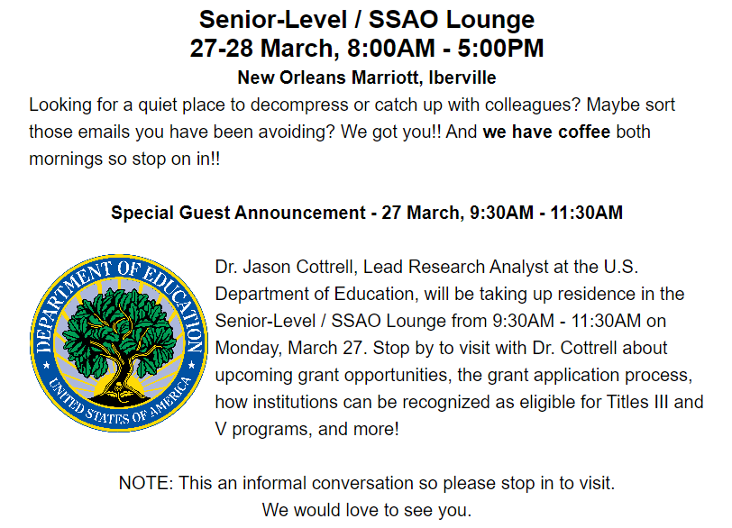 SLCOPacpa's tweet photo. Interested in learning more about the Dept. of Ed grants process? Stop by the SSAO Lounge NOW and visit w/ special guest Dr. Jason Cottrell!! #ACPA23 #ACPA #JoinUs #BusyLearning https://t.co/j0VwmhDLUW
