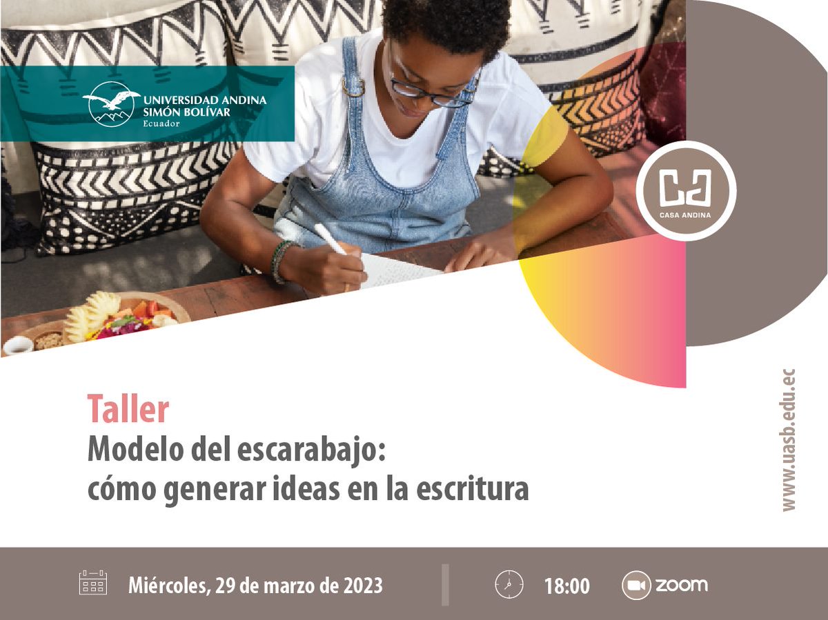 uasbecuador's tweet photo. 📒 ¡Descubre una nueva forma de desarrollar tu creatividad y potenciar tus habilidades de escritura! Ven a #CasaAndina y vive una experiencia única. ¡No te la pierdas! #EscrituraCreativa #EscarabajoModelo #GenerarIdeas
📆 29 marzo
⏰ 18h00
📲💻 Zoom
👉 https://t.co/YgbpJQVOau https://t.co/52pRVroNyP