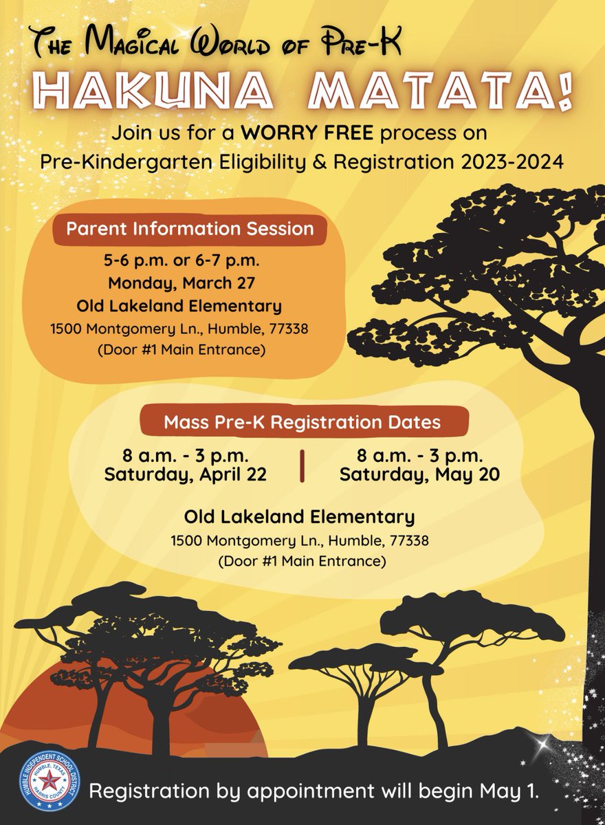 Pre-K registration for 23-24 is fast approaching! Join us TONIGHT for our parent information session form 5-6pm or 6-7pm at Old Lakeland, 1500 Montgomery Lane, Humble TX. Door 1 main entrance! Visit humbleisd.net/prek for more info on PK eligibility!