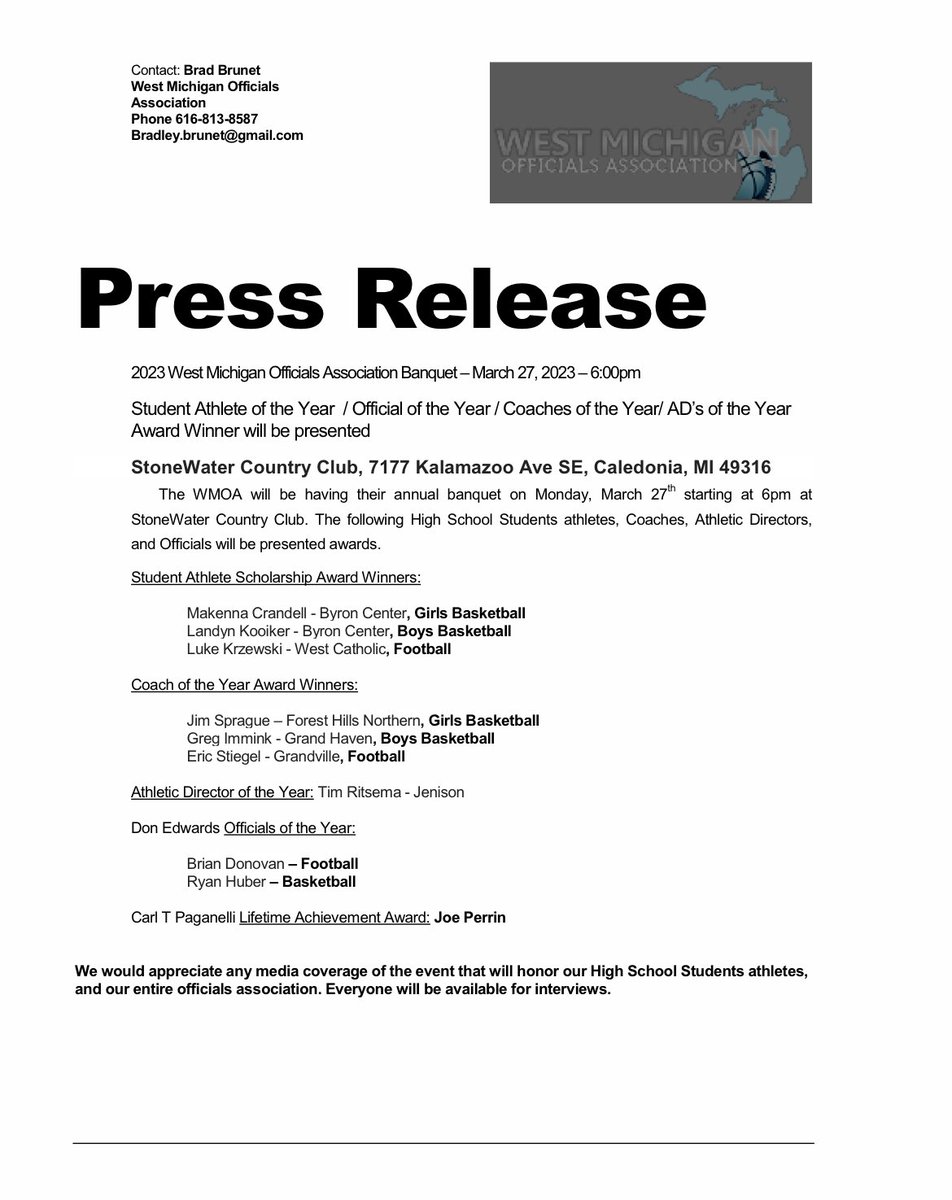 Don’t forget about the WMOA Banquet tonight! Happy hour from 5-6pm, Dinner and program starting at 6pm. Looking forward to a great turn out!at