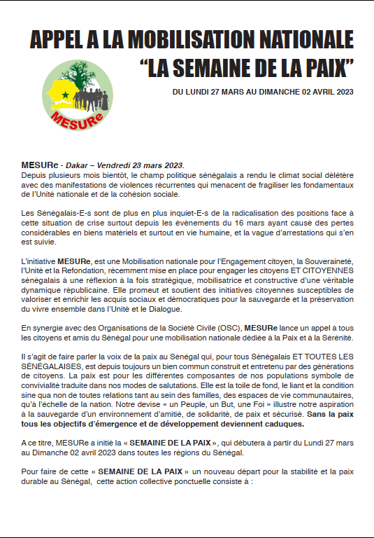 Legs_Africa's tweet photo. @SenMesure221 a initié la « 𝗦𝗘𝗠𝗔𝗜𝗡𝗘 𝗗𝗘 𝗟𝗔 𝗣𝗔𝗜𝗫 », qui débutera à partir du Lundi 27 mars au Dimanche 02 avril 2023 dans toutes les régions du #Sénégal.

Oui au dialogue !!!
Pour une #Paix durable, socle de notre commune volonté de vivre ensemble.

 #sénégaljàmmrek https://t.co/lyhRQqZ5YQ