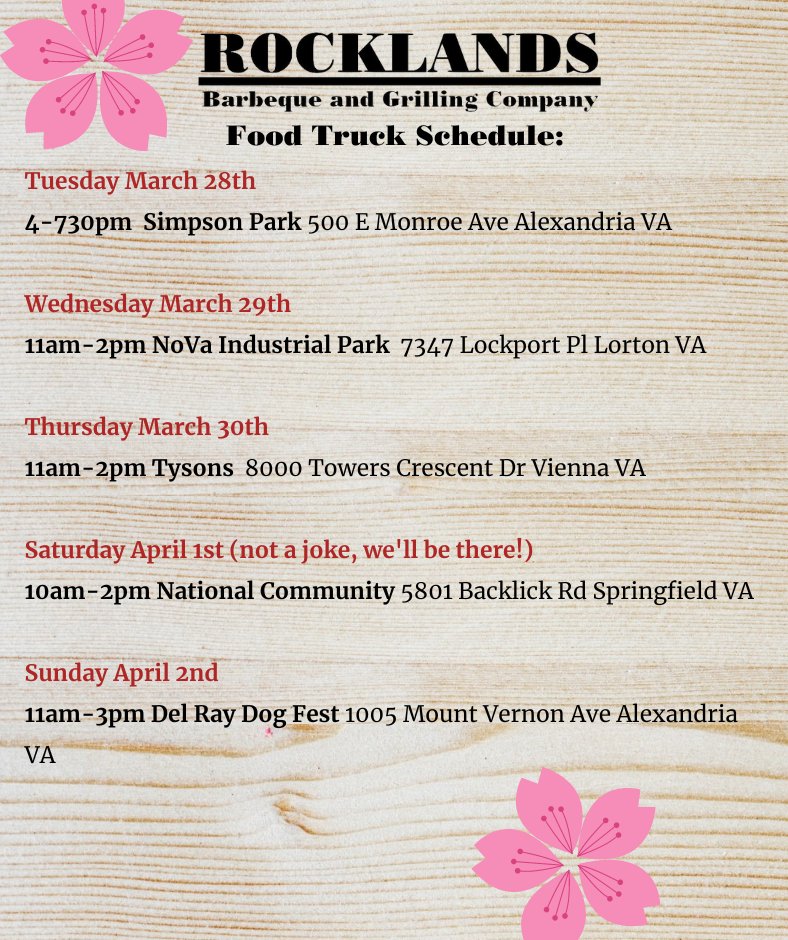 rocklandsbbq's tweet image. #rocklandstruck schedule coming in with the spring blooms #dmvfoodtruck #dcfoodies #bbqonwheels