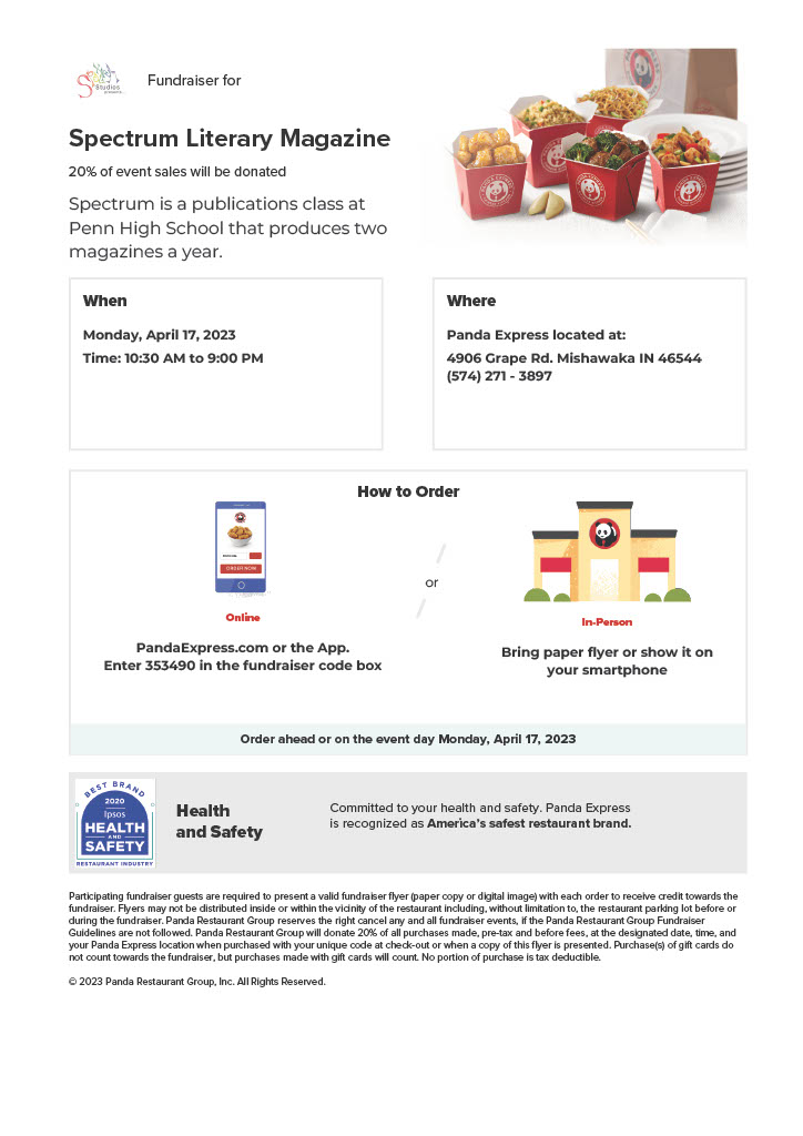 Spectrum will be having a community give-back night at Panda Express on April 17th. Please come out and support our literary magazine.