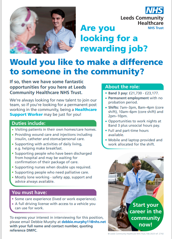 NHS DROP IN TOMORROW 28th of MARCH AT ARMLEY COMMUNITY HUB BETWEEN1.30 -3pm for the Healthcare support workers we are recruiting for... Come and speak to Debbie to find out more..