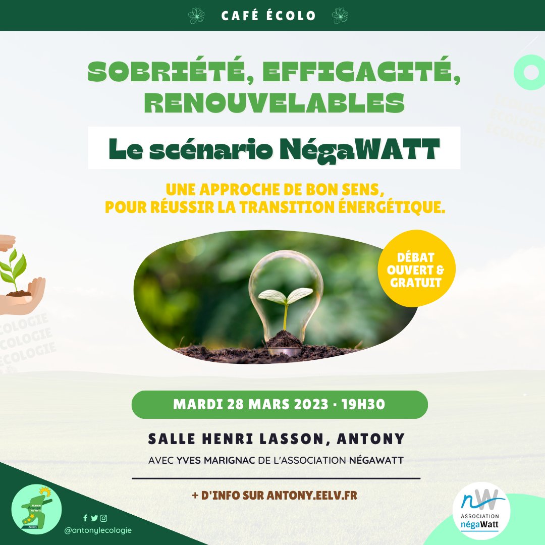 Une belle journée s'annonce demain :
⚡️ A 14h, #manifestation à Paris contre la réforme des retraites, le recours au 49.3 & la répression policière

☕ A 19h30, #CaféÉcolo à #Antony autour du scénario NégaWatt 

+ d'infos : antony.eelv.fr/cafe-ecolo-sob… #eelv #énergieverte