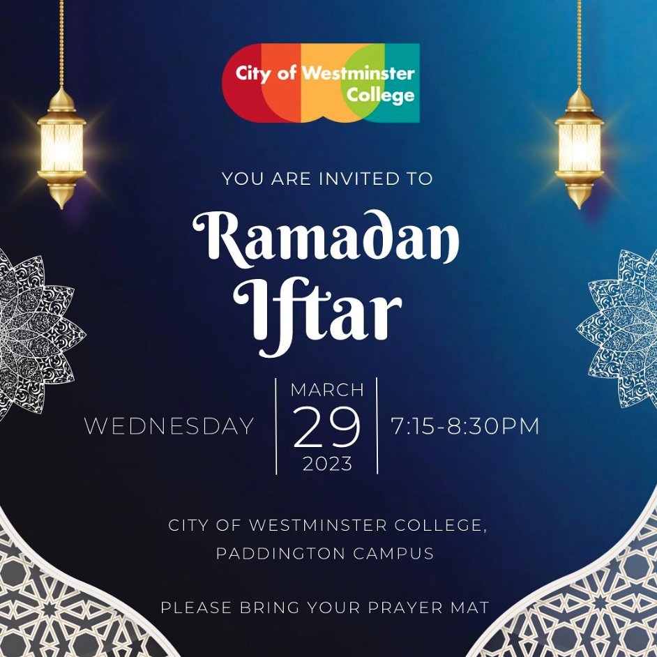citywestcollege's tweet photo. You’re invited to our Iftar Celebrations. An opportunity for students and staff to come together during the holy month of Ramadan 🌙
For more information, please email enrichment@cwc.ac.uk
#Ramadan #Iftar #RamadanMubarak #WeAreCWC https://t.co/7iHD45ks3I