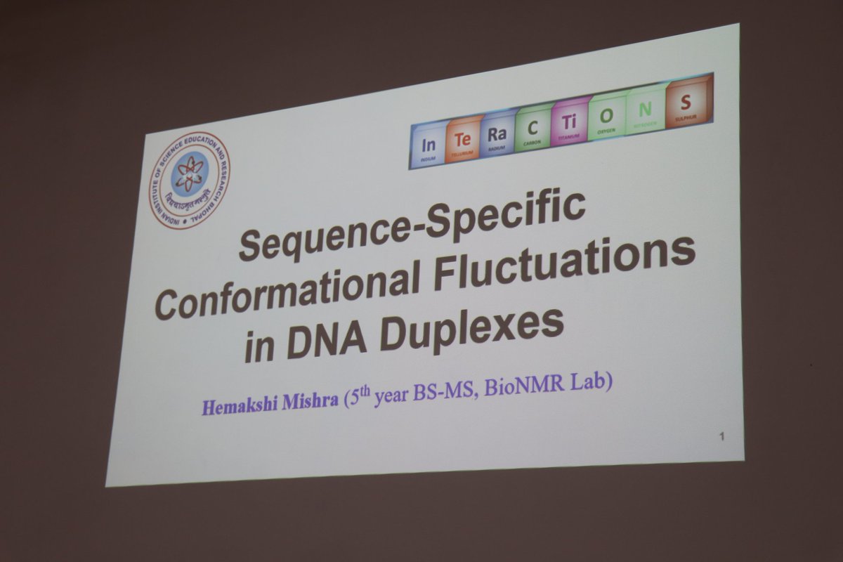 Hemakshi Mishra (@hemakshizzaa) on Twitter photo Gave my first ever talk at Interactions 2023, IISER Bhopal.
I thank the organisers and <a href="/bwajtweeting/">Bharathwaj Sathyamoorthy</a> for giving me this opportunity to present our lab's work on Sequence-Specific Behaviour in DNA Duplexes.
<a href="/ThevoiceDeepraj/">Deepraj_Negi</a> <a href="/RR_Sannapureddi/">Rajesh Sannapureddi</a> Gave my first ever talk at Interactions 2023, IISER Bhopal.
I thank the organisers and <a href="/bwajtweeting/">Bharathwaj Sathyamoorthy</a> for giving me this opportunity to present our lab's work on Sequence-Specific Behaviour in DNA Duplexes.
<a href="/ThevoiceDeepraj/">Deepraj_Negi</a> <a href="/RR_Sannapureddi/">Rajesh Sannapureddi</a>