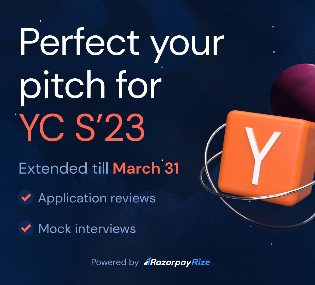 Razorpay's tweet photo. We're extending the deadline! 🗓️🟢 There is still time to make your Y Combinator application stand apart with the help of our #RazorpayRize experts. 

Apply today! https://t.co/JGf9sRYh3O

#RazorpayRizeforYC #YCombinator https://t.co/jC6C5ZhTIv