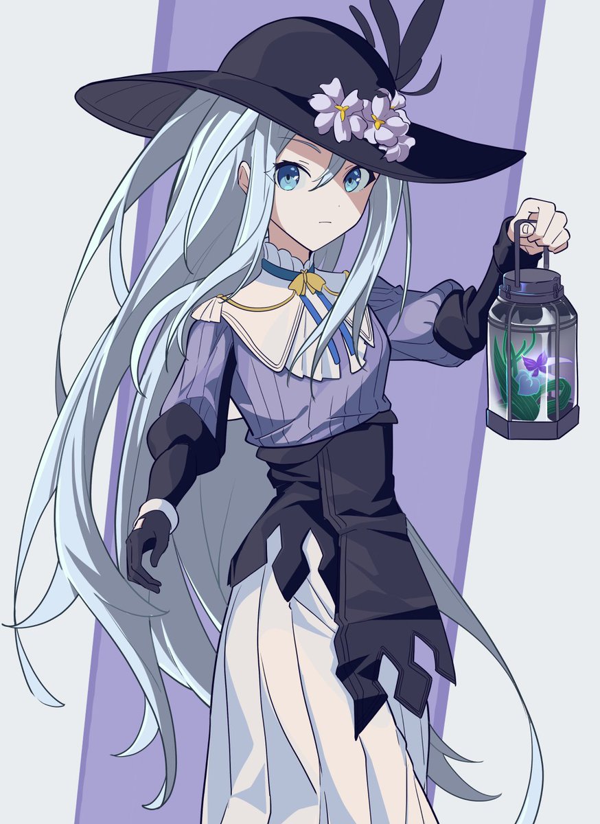 1girl holding lantern hat long hair solo lantern blue eyes  illustration images