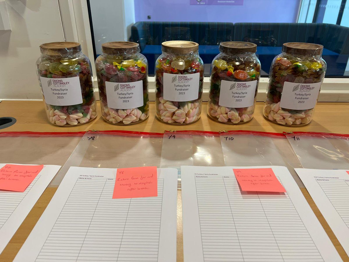 Guess the amount of sweets in the jar. £1 per guess!! <a href="/Dixons_Co/">Dixons Cottingley Academy</a> charity fundraiser kicks off today to raise money to support those affected by the earthquakes in Turkey and Syria. Don’t forget to bring in some change this week and help support a fantastic cause!!