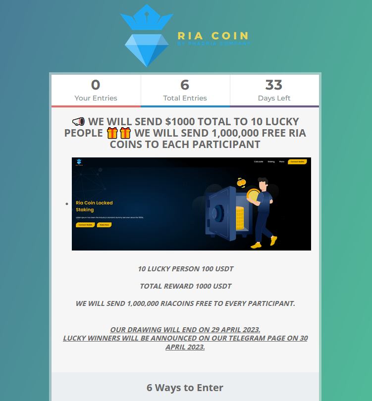 0xPhadria's tweet photo. https://t.co/Z3NtYFRxJf
📣 WE WILL SEND $1000 TOTAL TO 10 LUCKY PEOPLE 
🎁 WE WILL SEND 1,000,000 FREE RIA COINS TO EACH PARTICIPANT
#riacoin $ria #phadria #bscdraw #cg #cmc #coinmarketcap #CoinGecko #BSCGemsAlert https://t.co/PzIFbDkbhX