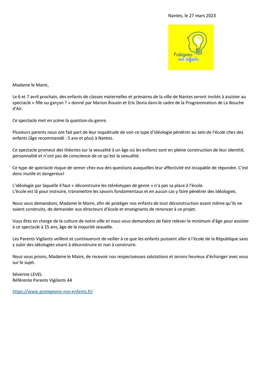 sevlevel's tweet photo. Non à la #théoriedugenre à l’école. @nantesfr propose aux enfants scolarisés de 5 ans d’aller assister à un spectacle sur le genre. Instruisez nos enfants en maths, français,HG, poésies. #NonALaDeconstruction ! #ProtegeonsNosEnfants https://t.co/RCTpQbMbJN