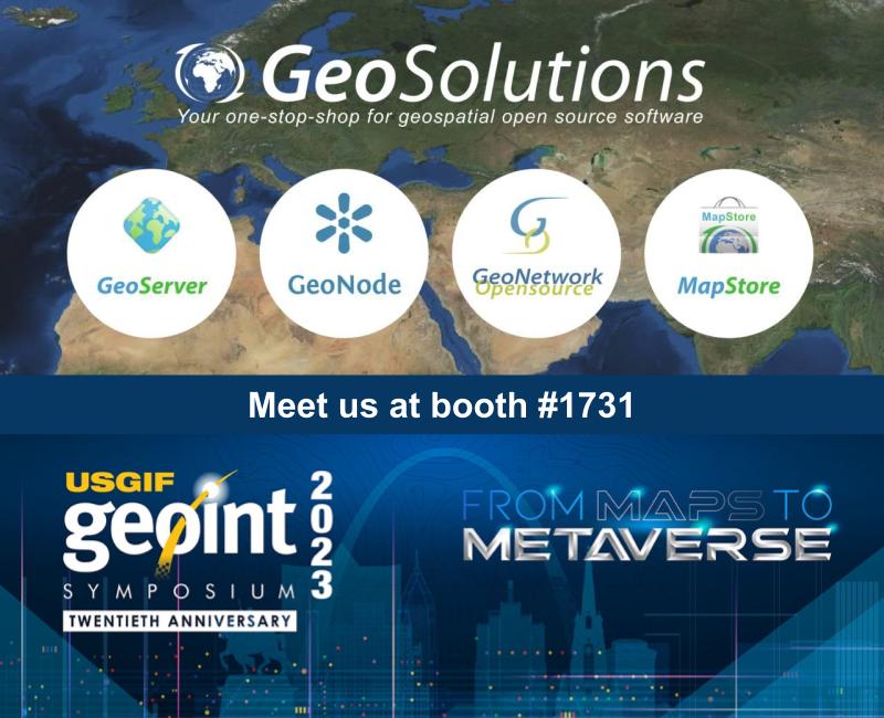 GeoSolutions ๐ฎ๐น ๐บ๐ธ ๐ช๐บ ๐ (@geosolutions_it) on Twitter photo We are attending #GEOINT2023 in St Louis!
Meet us at booth 1731 to talk about how your organization can use #GeoNode, #GeoServer and #MapStore open source products to build your success!
More info here ๐ wp.me/pcNkxY-2mp
<a href="/GEOINTsymposium/">GEOINT Symposium</a> <a href="/USGIF/">USGIF</a> <a href="/OSGeo/">OSGeo https://fosstodon.org/@osgeo</a> <a href="/foss4g/">FOSS4G 2024 | https://fosstodon.org/@foss4g</a> #gischat We are attending #GEOINT2023 in St Louis!
Meet us at booth 1731 to talk about how your organization can use #GeoNode, #GeoServer and #MapStore open source products to build your success!
More info here ๐ wp.me/pcNkxY-2mp
<a href="/GEOINTsymposium/">GEOINT Symposium</a> <a href="/USGIF/">USGIF</a> <a href="/OSGeo/">OSGeo https://fosstodon.org/@osgeo</a> <a href="/foss4g/">FOSS4G 2024 | https://fosstodon.org/@foss4g</a> #gischat
