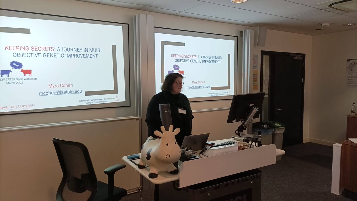 CRESTCOW's tweet photo. First up we have the talk:

"Keeping Secrets: A Journey in Multi-Objective Genetic Improvement" 

from Professor Myra Cohen

#COW63 https://t.co/D98IBRyYr2