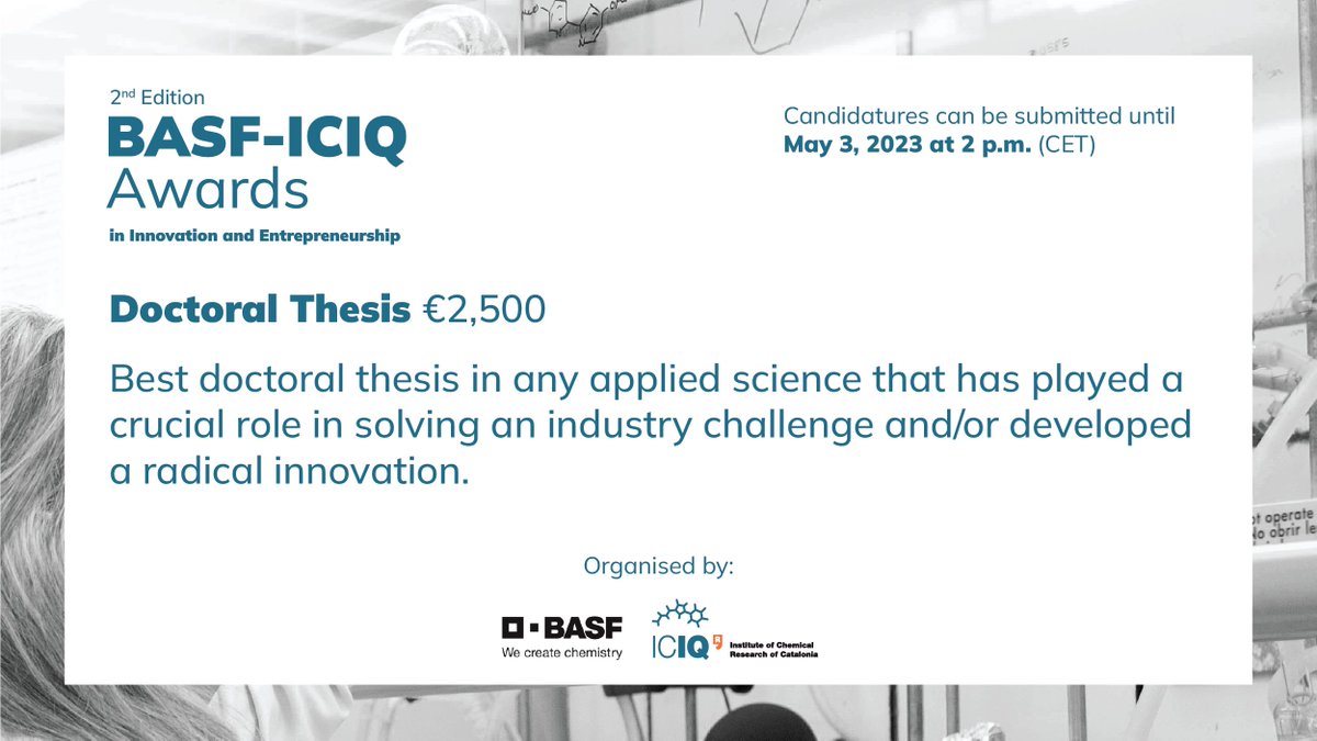 ICIQ (@iciqchem) on Twitter photo 🎓 Have you defended a doctoral thesis in the last 3 years?
#PremiosBASFICIQ will recognise the best doctoral thesis in the area of chemistry with a high level of quality
🧐 iciq.org/industry/2023-…
✍️ Apply before March 3rd
<a href="/BASF_ES/">BASF España</a> <a href="/RSEQUIMICA/">RSEQ</a> <a href="/_BIST/">BIST-Barcelona Institute of Science and Technology</a> <a href="/iCERCA/">Centres CERCA</a> <a href="/PalomaresEj/">Emilio Palomares</a> 🎓 Have you defended a doctoral thesis in the last 3 years?
#PremiosBASFICIQ will recognise the best doctoral thesis in the area of chemistry with a high level of quality
🧐 iciq.org/industry/2023-…
✍️ Apply before March 3rd
<a href="/BASF_ES/">BASF España</a> <a href="/RSEQUIMICA/">RSEQ</a> <a href="/_BIST/">BIST-Barcelona Institute of Science and Technology</a> <a href="/iCERCA/">Centres CERCA</a> <a href="/PalomaresEj/">Emilio Palomares</a>