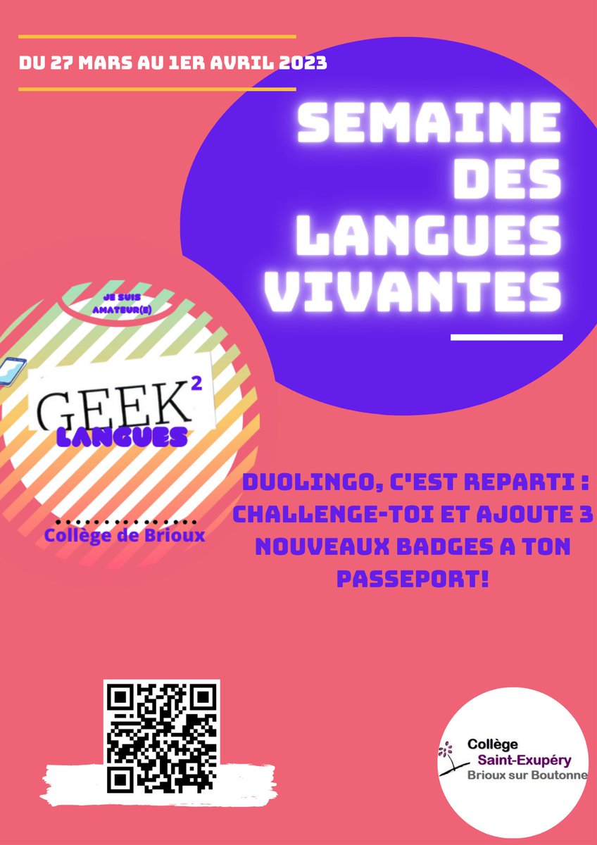 anneliseroussel's tweet photo. C’est parti pour la semaine des langues à @CollegeBrioux avec le challenge Duolingo et 3 open badges pour se motiver! https://t.co/ZnMHxa93pN