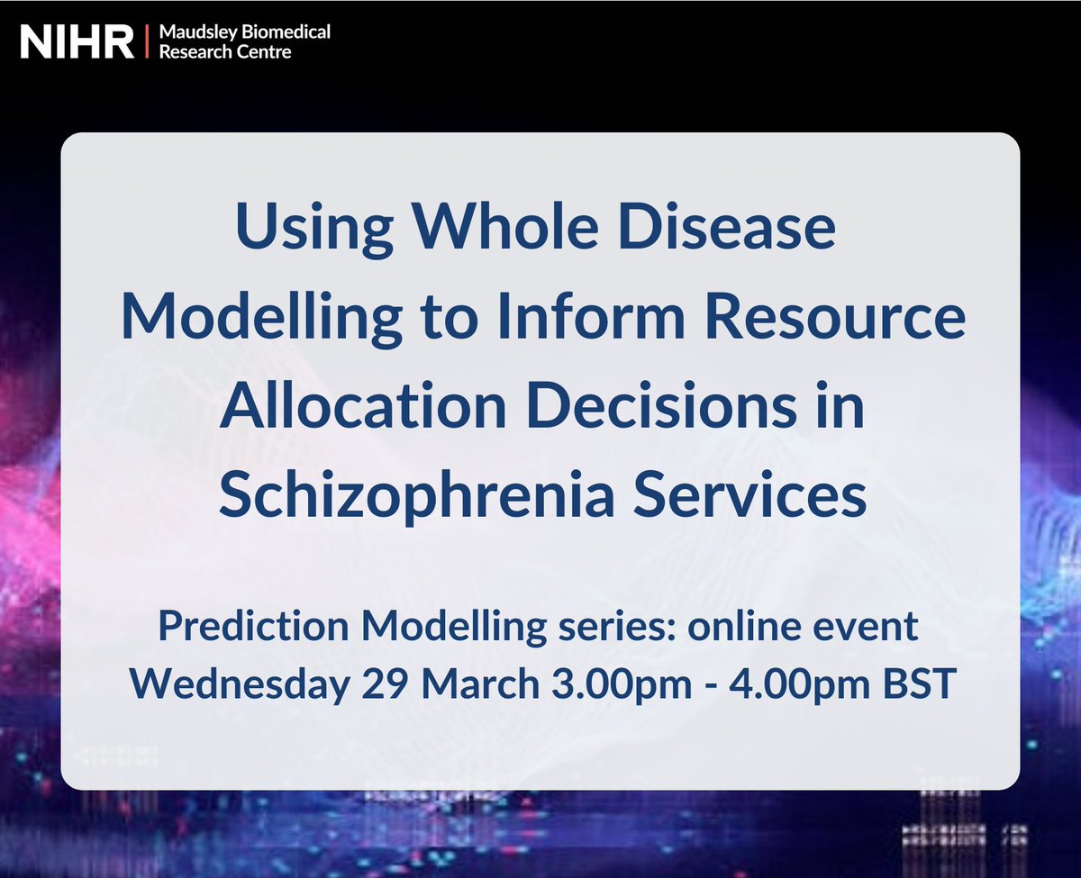 NIHR Maudsley Biomedical Research Centre (BRC) (@nihrmaudsleybrc) on Twitter photo This week's Prediction Modelling Group seminar will feature Dr Huajie Jin (Lily) <a href="/jinhuajiehotma1/">Lily Huajie Jin</a>, Senior Lecturer in Health Economics @KHE_Kings on whole disease models for schizophrenia services.
š3 - 4pm, Wednesday 29 March
Join here: bit.ly/3Yy6KaC This week's Prediction Modelling Group seminar will feature Dr Huajie Jin (Lily) <a href="/jinhuajiehotma1/">Lily Huajie Jin</a>, Senior Lecturer in Health Economics @KHE_Kings on whole disease models for schizophrenia services.
š3 - 4pm, Wednesday 29 March
Join here: bit.ly/3Yy6KaC