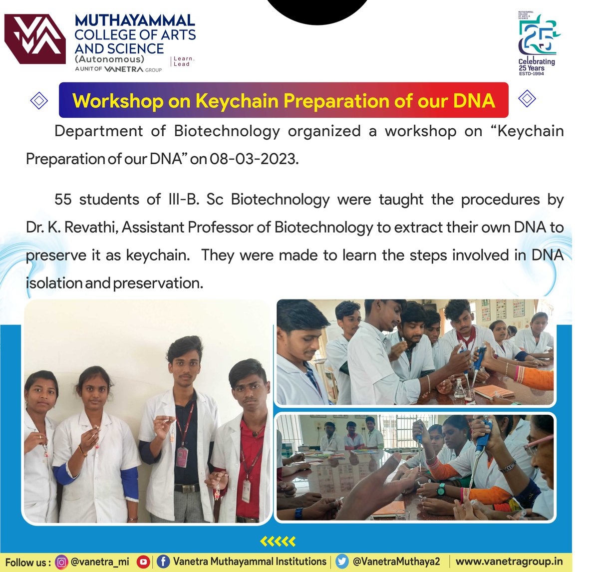 VanetraMuthaya2's tweet photo. Department of Biotechnology organized a workshop on “Keychain Preparation of Our DNA” on 08-03-2023. 
 #keychains #keychain #preparation #dna #DNA #DNAChallenge #dnaactivation #workshop #WorkshopTools #workshop #trend #trending  #trendingnow #trendingpost #biotech #biotechnology https://t.co/Ub9F3wJ71J