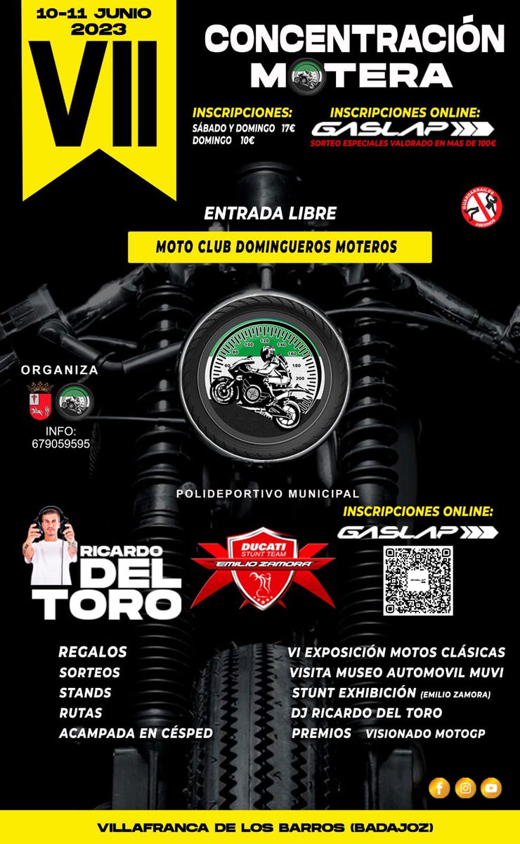 ⚠️EVENTAZO⚠️ Concentración Motera VILLAFRANCA DE LOS BARROS - Badajoz! 10 y 11 junio 2023 ven a vivir un finde espectacular: muchísimas actividades, sorteos, fiesta con Ricardo del Toro, regalos, Stunt <a href="/Emilio_Zamora/">Emilio Zamora</a> y sorteos especiales para inscritos a través de <a href="/gaslapoficial/">Gaslap</a>