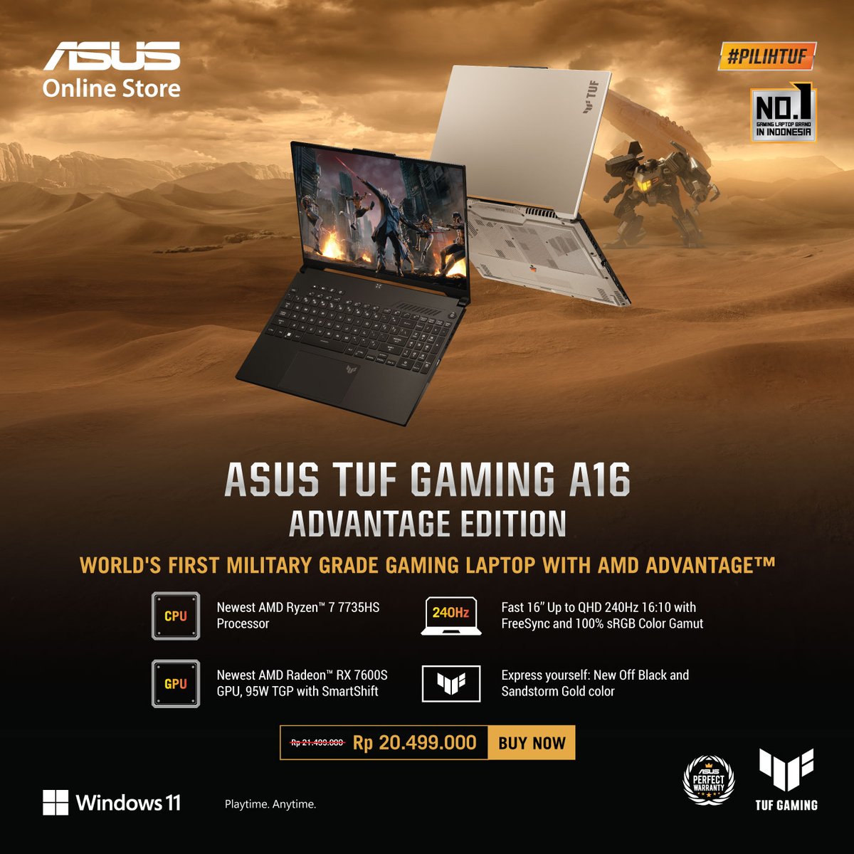 ASUS_Indonesia's tweet photo. Siarkan dan lakukan banyak hal sekaligus dengan mudah, TUF Gaming A16 Advantageโข Edition dibekali dengan prosesor AMD Ryzenโข 7 7735HS terbaru dan support RAM up to 32GB DDR5 4800Mhz yang luar biasa cepat pada Windows 11 Home.
Exclusive di ASUS Online Store!
#ASUSOnlineStoreID https://t.co/c4VtKcI0VD