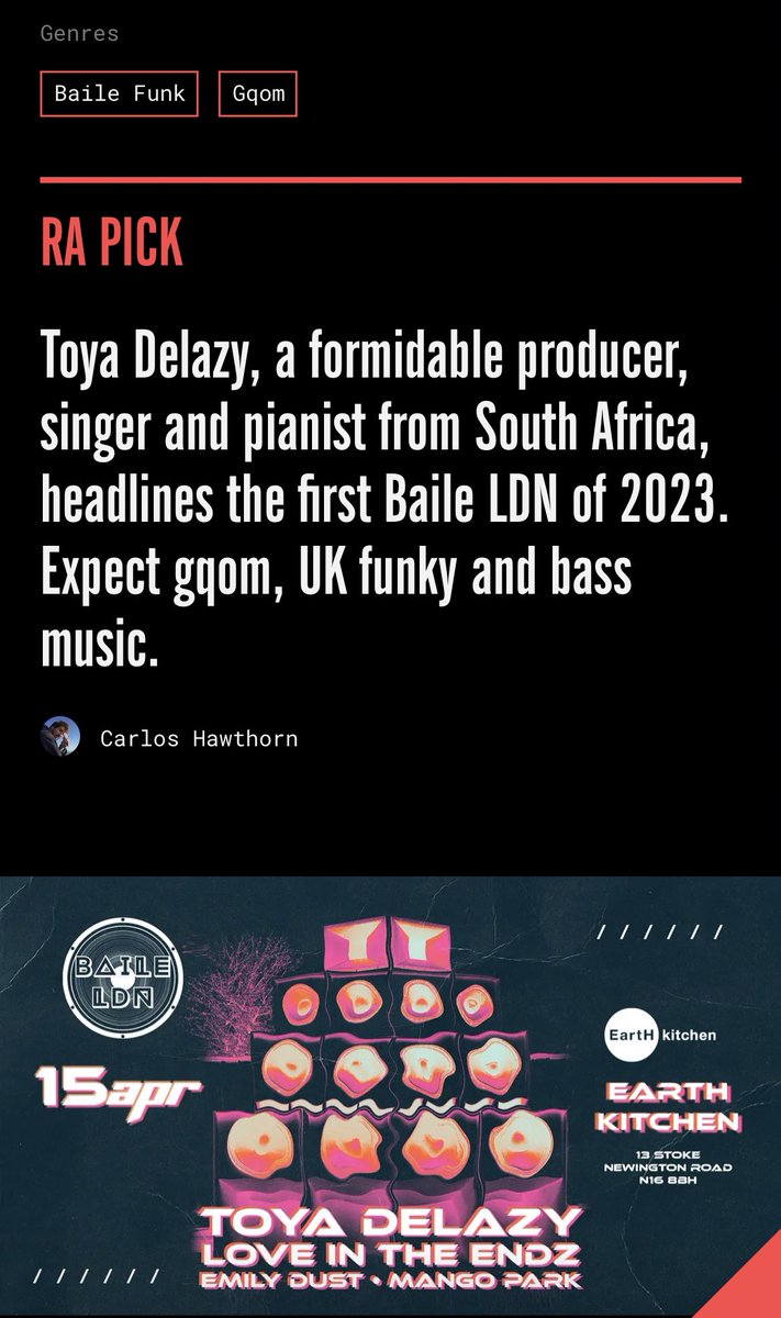 BaileLDN's tweet photo. Wooo big ups to @residentadvisor for making us an RA pick!

First release tickets are selling fast!

@ToyaDelazy 
@bluecanarinho @loelashmusic Daviaa
@EmilyDust 
@DJMangoPark 

https://t.co/31xKerUIR5 https://t.co/LEShIrXG0n