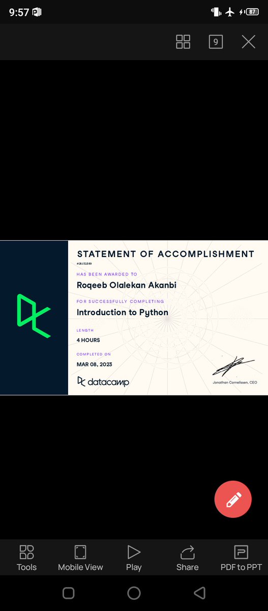 AconbiRoqeeb's tweet photo. I have successfully completed my Python course for data analytics and currently on data visualization using matplotlib on datacamp platform. Thanks to @Ingressive4Good scholarship https://t.co/wuh1mIkhkb