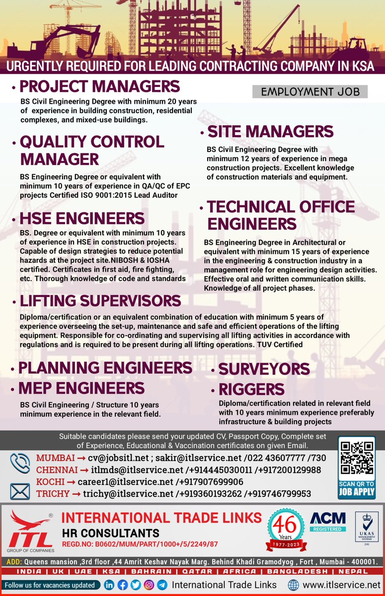 ItlJobs's tweet photo. JOB VACANCY FOR #saudiarabia
Interested candidates, please send your updated CV on given emails
Learn more :
https://t.co/L5a1jS36cU
#projectmanager #qualitycontrol #hseengineers #liftingsupervisor #planing #engineer #mepengineer #surveyor #riggers #sitemanager #construction https://t.co/IKbmHgp5Nq