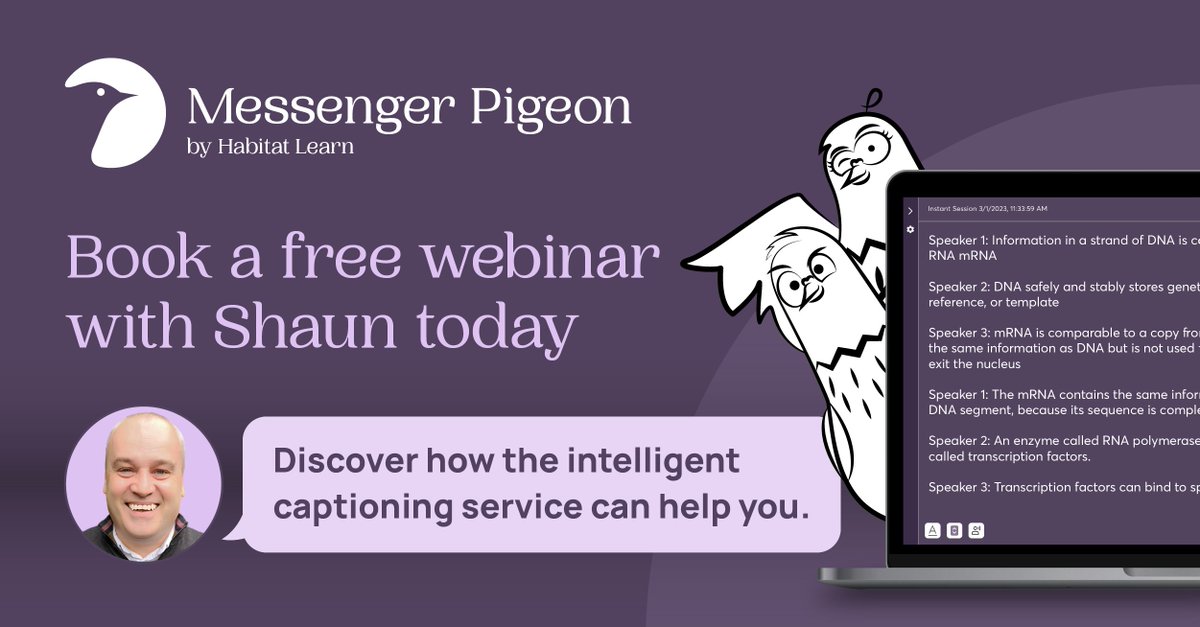 Book a Free webinar today 👉🏻ow.ly/1Lkn50Nsrqm👈🏻

To find out more about Messenger Pigeon go to ow.ly/ZPNh50Nsrqi 

#messengerpigeon #students #assistivetechnology #EduTech #captioning #HE #FE #DSAAssessors #DSAApproved #DSAsoftware #SAAS #UK #Webinars