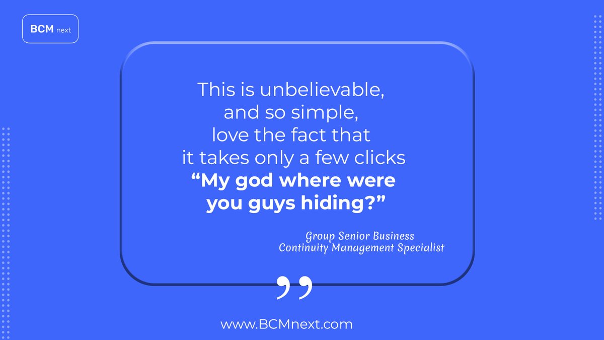 BCM_next's tweet image. You can trust us for support with business continuity planning. You will be impressed by our easy-to-use interface and cutting-edge AI technology.
Contact us: bcmnext.com 
.
#testimonial #bcmnext #review #businesscontinuity #riskmanagement #business #crisismanagement