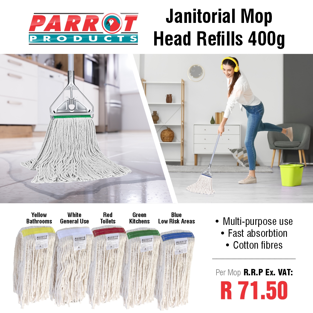 ParrotProducts's tweet photo. Make cleaning easier and more efficient with our Janitorial Mop Head refills - Now Available! #cleaning 
☑️400g Mop head
☑️100% Cotton
☑️High Quality
☑️Super Absorbent
☑️Available in Blue, Green, Red, White or Yellow for colour-coded cleaning areas
https://t.co/99ti7LRisI https://t.co/vkeRyIUKC5