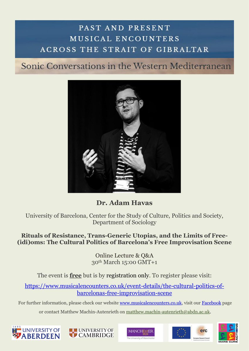 MESGCambridge's tweet photo. A reminder that this Thursday (30th March) at 15:00 (GMT+1), Adam Havas will be delivering his online talk 'The Cultural Politics of Barcelona's Free Improvisation Scene'. Don't miss it! https://t.co/O5VfkDqU36