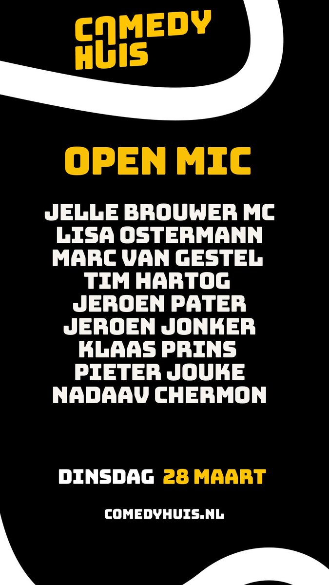 marcvgestel's tweet photo. Een wel hele toffe line-up, dinsdag 28 maart, bij de Comedyhuis open mic. Zelfs met mij erbij! 

Dus kom kijken naar nieuwe grappen van toffe grappenmakers. Kaarten: https://t.co/e1oEn8Ucys https://t.co/qCTot7tqbK