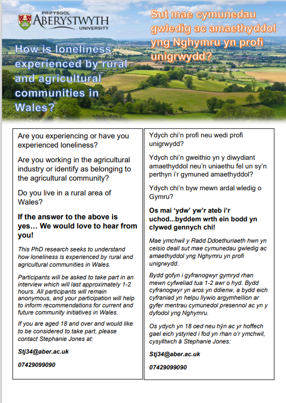 Are you part of the farming community? Ever feel lonely? Are you over 18?
Then <a href="/AberUni/">Aberystwyth University</a>  PHD researcher Stephanie Jones would like to chat with you to understand how loneliness affects the agricultural community. 
<a href="/PavoWellbeing/">PAVO Wellbeing 🏴󠁧󠁢󠁷󠁬󠁳󠁿🏳️‍🌈</a> <a href="/PowysCC/">Powys County Council</a> <a href="/PTHBhealth/">Powys Teaching Health Board</a> <a href="/ponthafren/">Ponthafren</a> <a href="/dpjfoundation/">The DPJ Foundation</a>