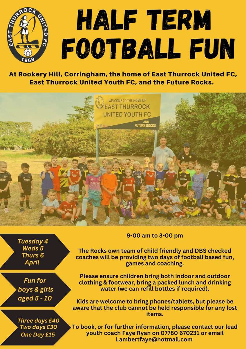 Join us next week for soccer school, lots of fun and games @ArthurBugler @1EastThurrockFC @PurfleetPrimary @thamesideschool @OrtuCPS @AHPAcademy @EastTPrimary @SLHPrimary @EssexCountyFA @HeathSomers @WestThurrock @AlfieBestSnr