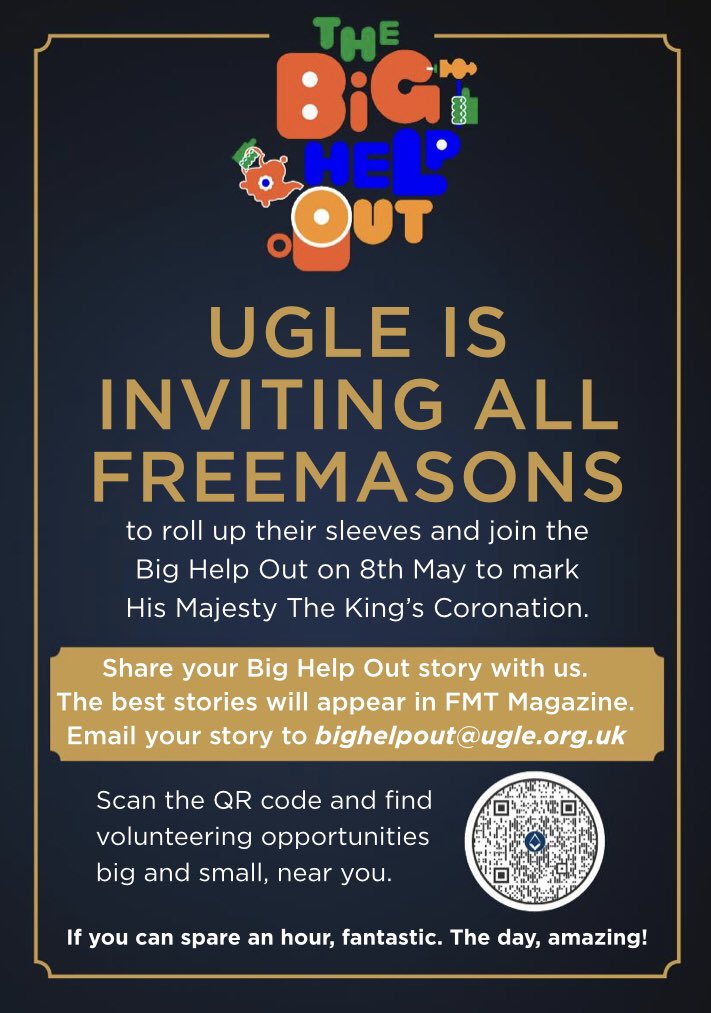 UGLE is inviting all Freemasons to roll up their sleeves and join the Big Help Out on Monday 8th May.

Find out more by scanning the QR Code below ⬇️⬇️⬇️⬇️⬇️

#Freemasons
#charity
#integrity
#friendship
#Respect